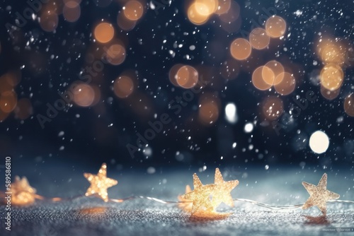 Christmas decoration background with snow, golden stars and bokeh lights on a dark background, Festive holiday and snow concept, Generative Ai