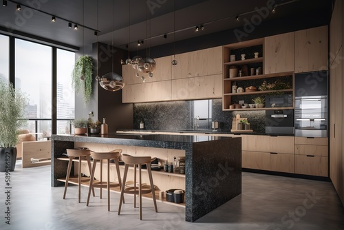 Modern kitchen interior   Luxury home showcase kitchen   Modern Farmhouse Kitchen   Bright kitchen with industrial and minimal finishes   minimalistic interior design kitchen  Generative AI