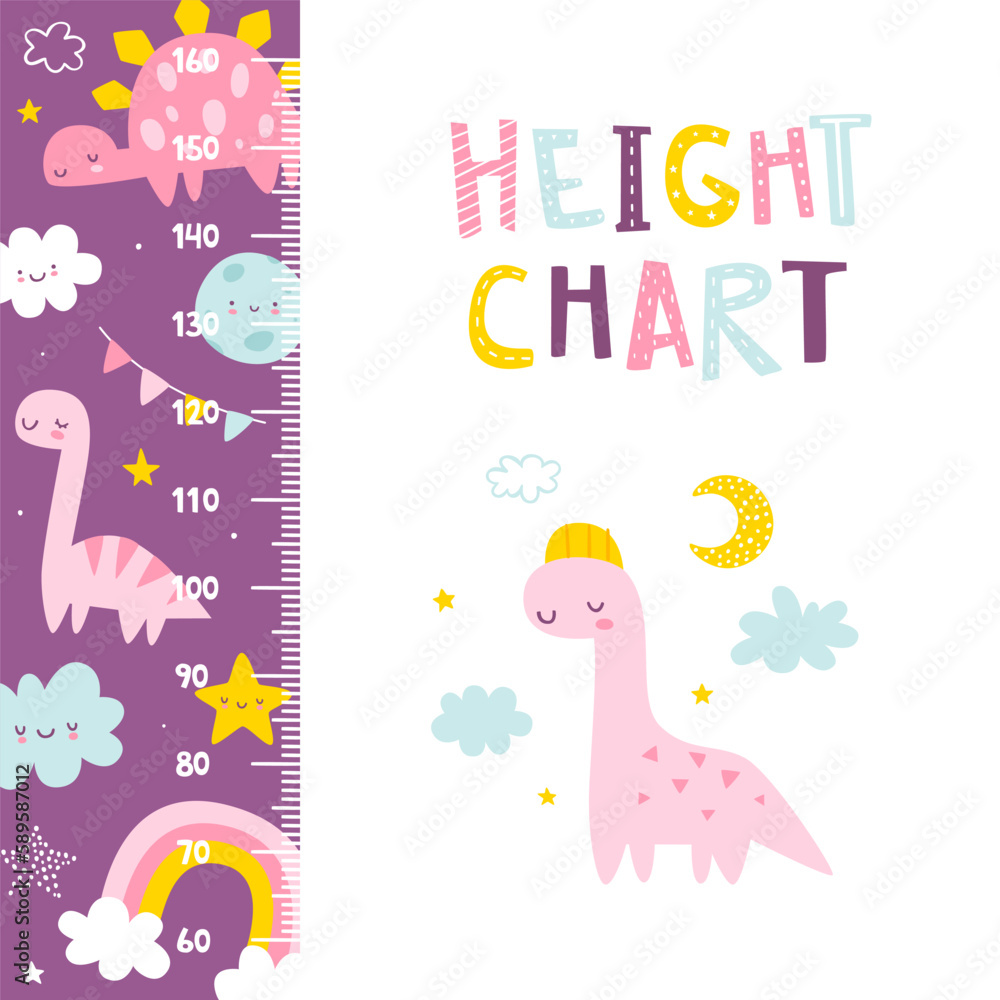 Height chart with cute sleeping dino. Cartoon ruler with dreaming dinosaurs. Doodle stadiometer for baby girls.