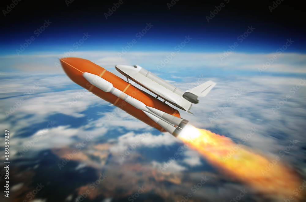 Space shuttle on the rocket and the Earth in the background. 3D illustration