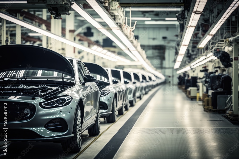 Fototapeta premium Production assembly line of modern cars. Ai generative.