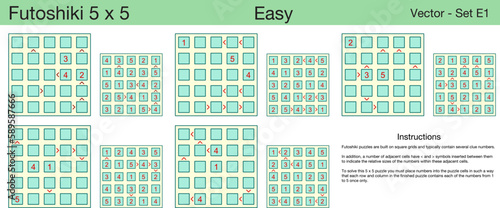 5 Easy Futoshiki 5 x 5 Puzzles. A set of scalable puzzles for kids and adults, which are ready for web use or to be compiled into a standard or large print activity book.