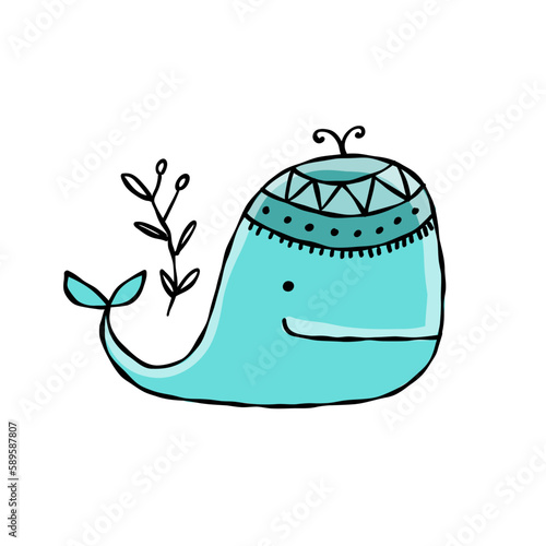 Funny wild whale character. Childish style icon, turquoise colors. Isolated o...