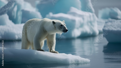 A magnificent Polar Bear on a melting iceberg. Generative Ai.