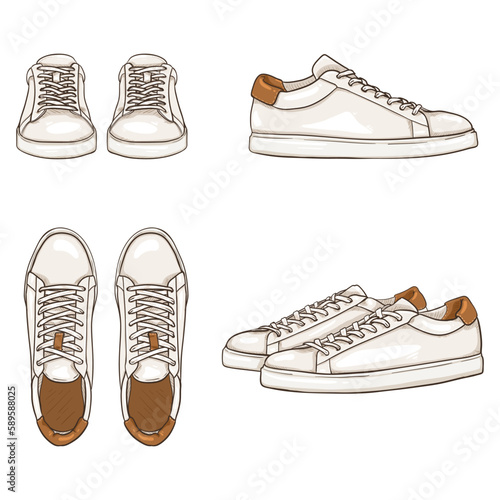 Cartoon White Sneakers Vector Cartoon Illustrtations Set. photo