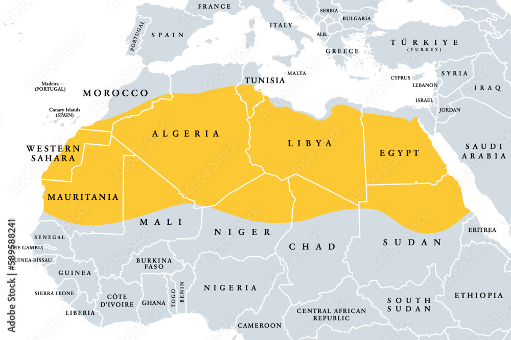 The Sahara, desert on African continent, political map. Largest hot