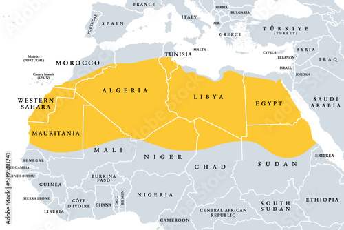 The Sahara, desert on African continent, political map. Largest hot desert in the world,  making up most of North Africa, located between the fertile regions on Mediterranean Sea coast, and the Sahel.