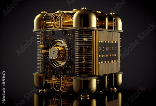 Quantum computer isolated on black. Golden gear, quantum computing, quantum cryptography, steampunk, Q bits, parallel computing. 3D illustration, 3D render. Generative AI