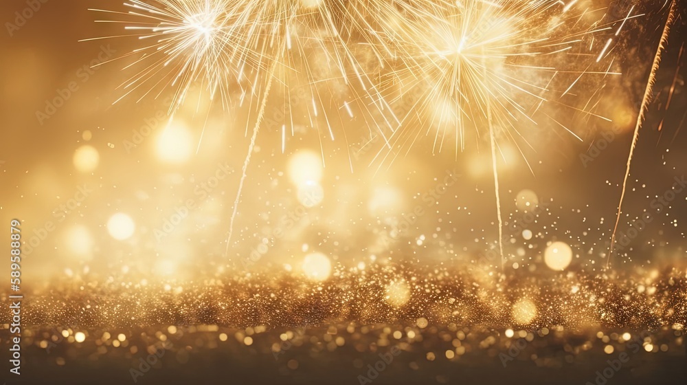 Abstract gold glitter background with fireworks. Christmas Eve, new ...