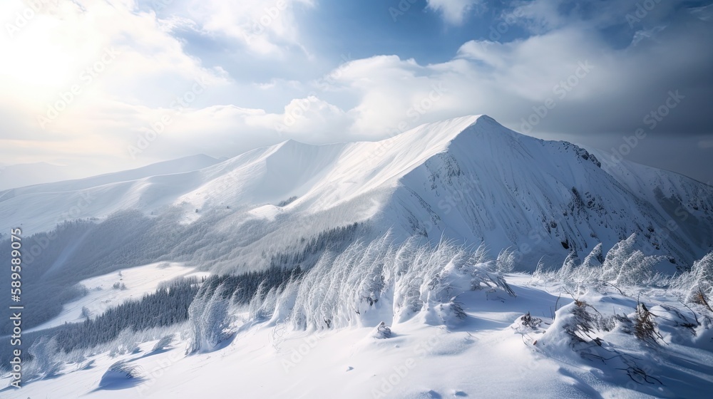 Frozen Peaks: A Panoramic View of Snow-Covered Mountain Range in Winter. Generative AI