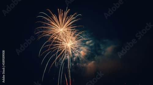 Orange Fireworks Blue Background 4th of July holiday concept. Generative AI.