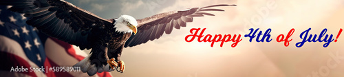 Eagle Flies with American Flag in Freedom. Happy 4th of July Banner format. Generative AI. photo