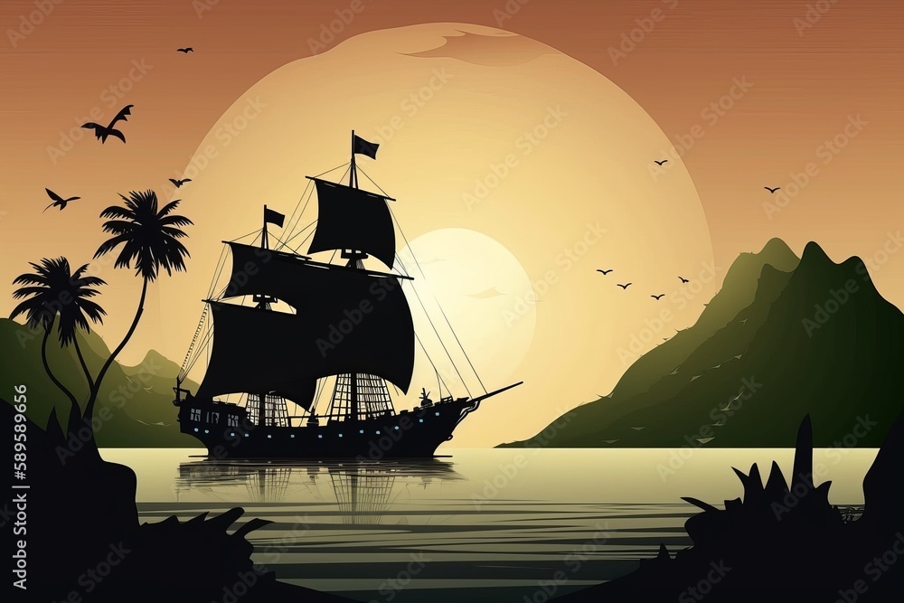 the silhouette of a barque on the river