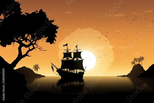 the silhouette of a barque on the river