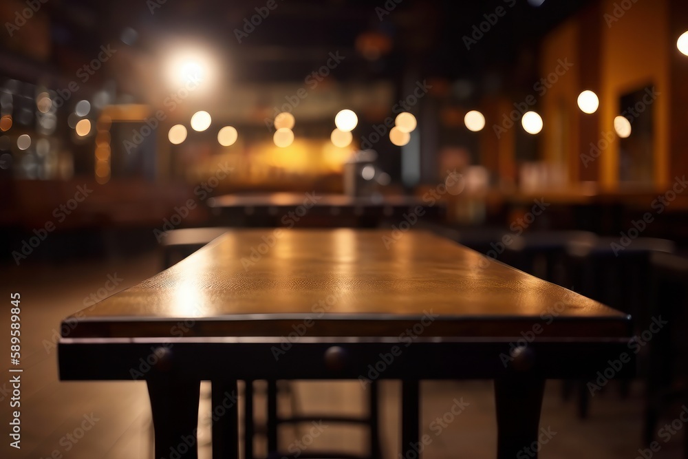 Empty wooden table and bokeh lights background. For product display, Generative Ai - obrazy, fototapety, plakaty 