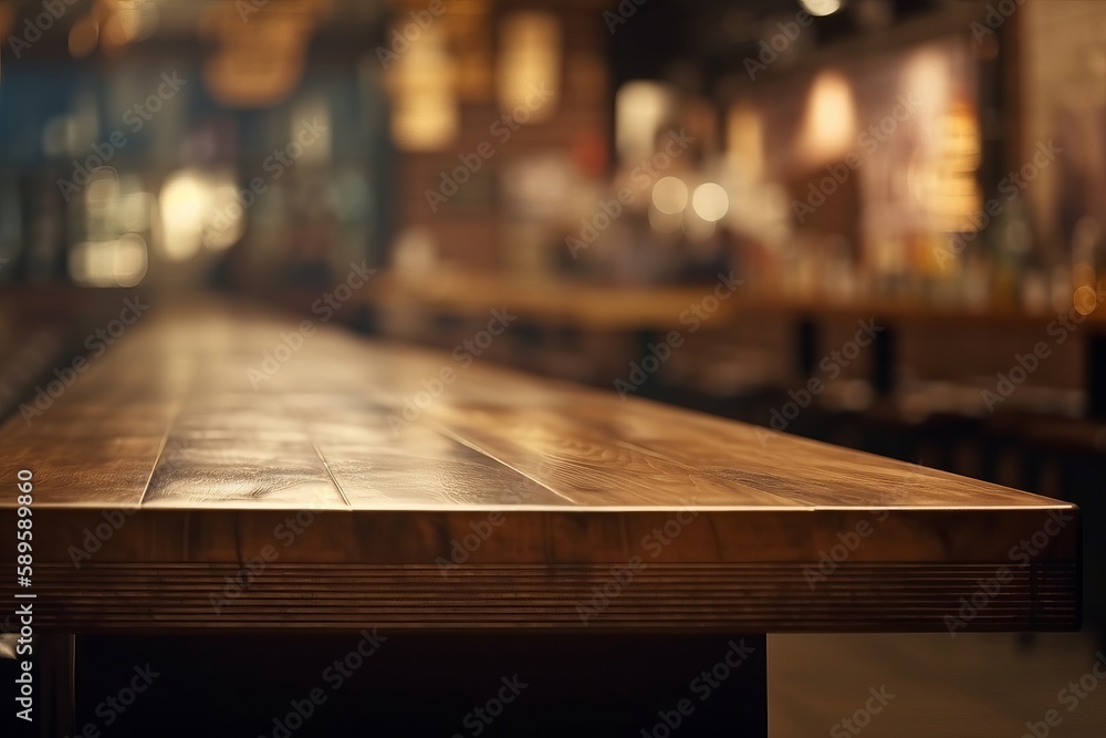 Empty wooden table and Coffee shop blur background with bokeh image, Generative Ai