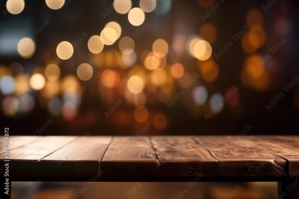 Wooden table in front of abstract bokeh light background, Generative Ai