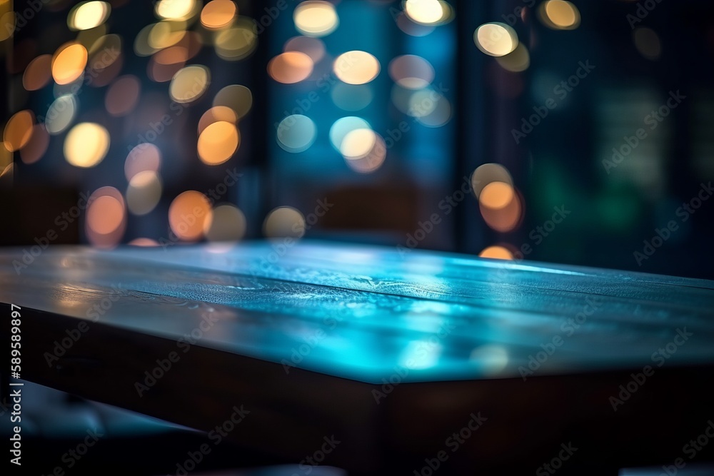 Empty wooden table and blurred background of bar or pub at night, Generative Ai