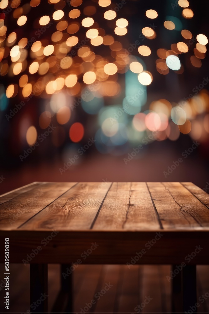 Empty wooden table and bokeh lights background. For product display, Generative Ai
