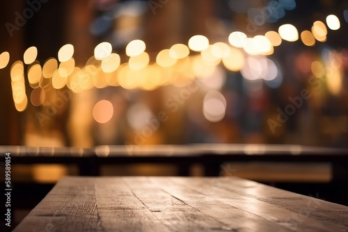 Empty wooden table and bokeh light background. For product display, Generative Ai