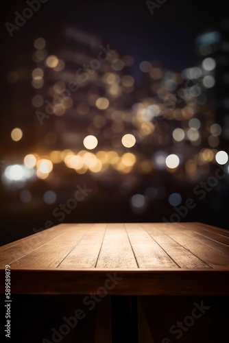 Empty wooden table and abstract bokeh background. For product display, Generative Ai