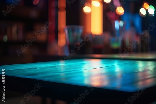 Empty wooden table and blurred background of bar or pub at night, Generative Ai