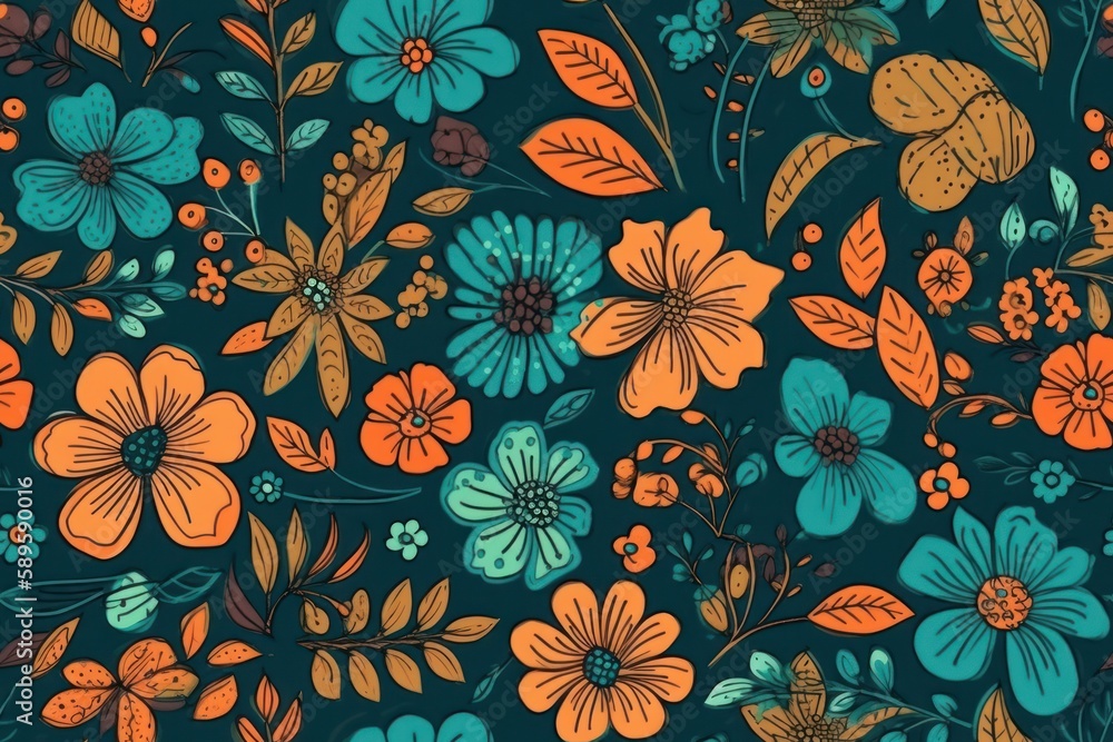 Seamless floral pattern with flowers and leaves. Digital illustration, generative Ai Seamless floral pattern with flowers and leaves. Digital illustration, generative Ai
