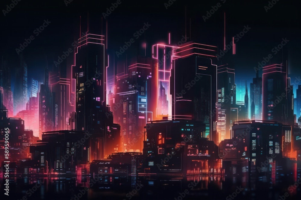 A futuristic city with neon lights. 3D rendering. Neon lights, generative Ai