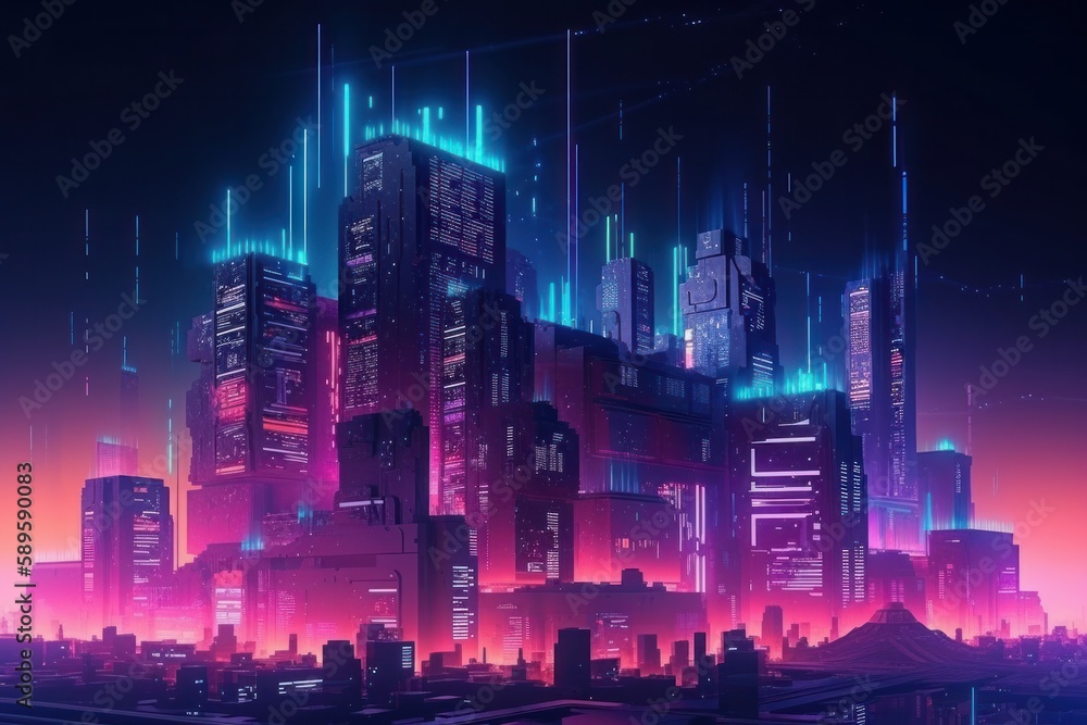 Futuristic city with glowing neon lights. 3D Rendering, Generative Ai