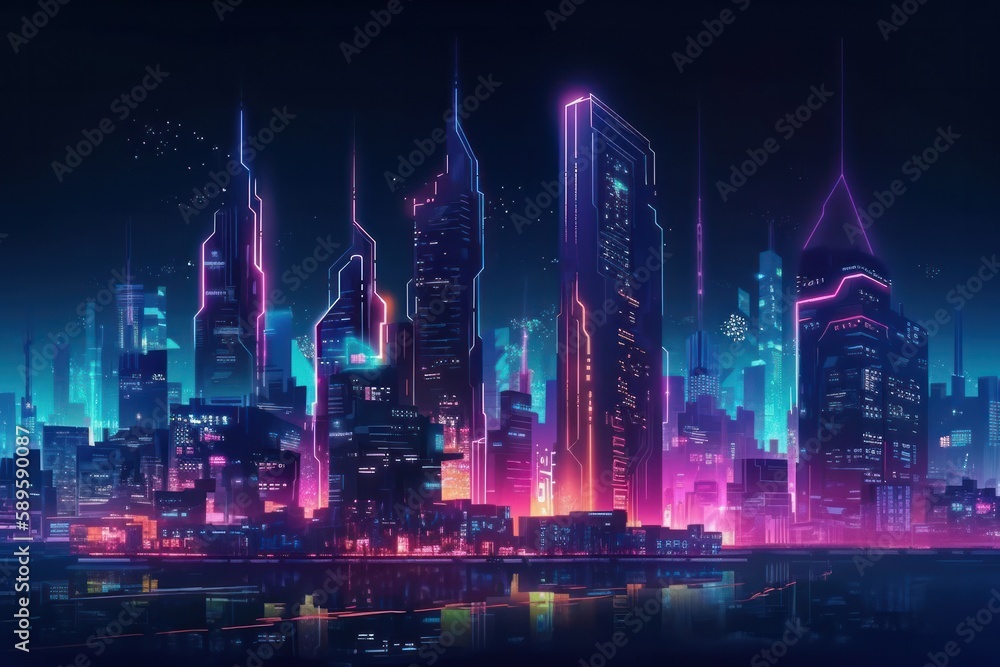 Futuristic city at night with neon lights. 3d rendering, generative Ai