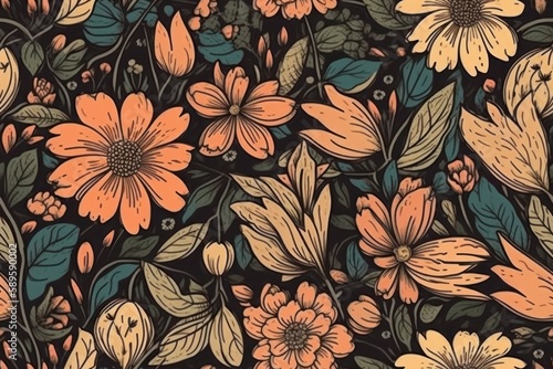Seamless pattern with flowers and leaves. Floral background  generative Ai