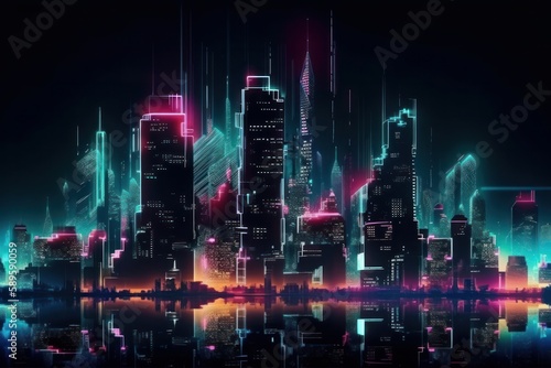 Modern cityscape with glowing neon lights and reflections. 3D Rendering  generative Ai