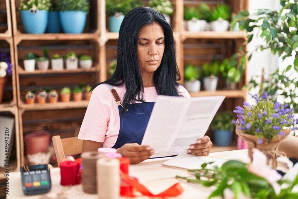 Middle age hispanic woman florist reading document at florist Middle age hispanic woman florist reading document at florist