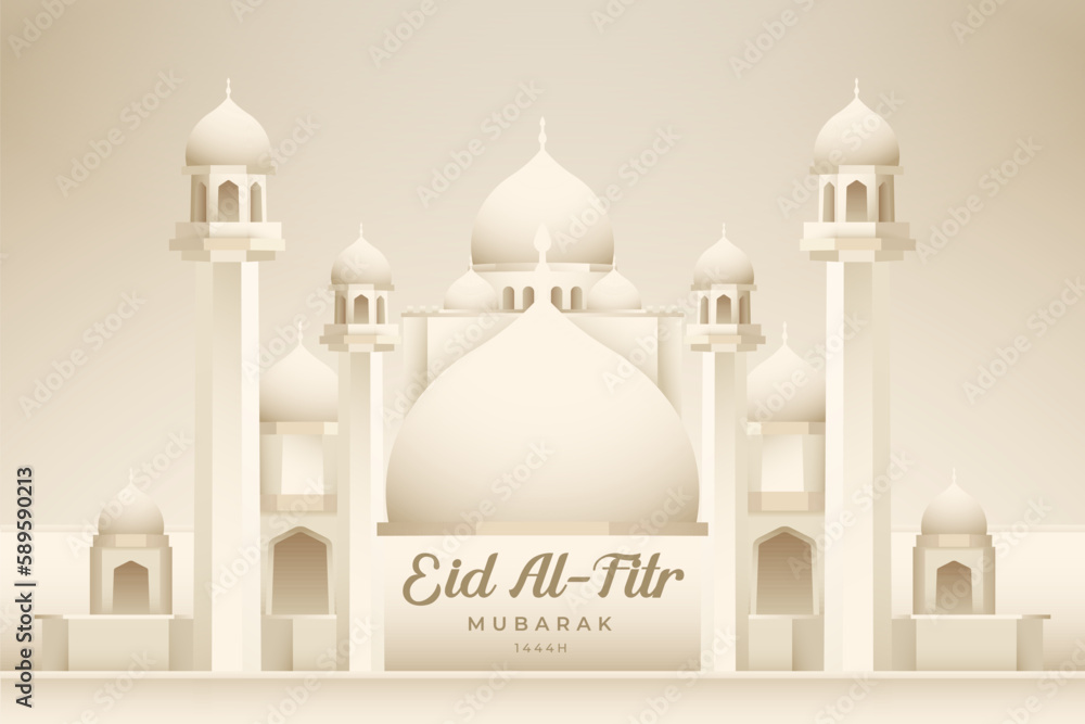 Happy eid al fitr mubarak greeting banner with cream gradient grand mosque illustration. Idul Fitri greeting design
