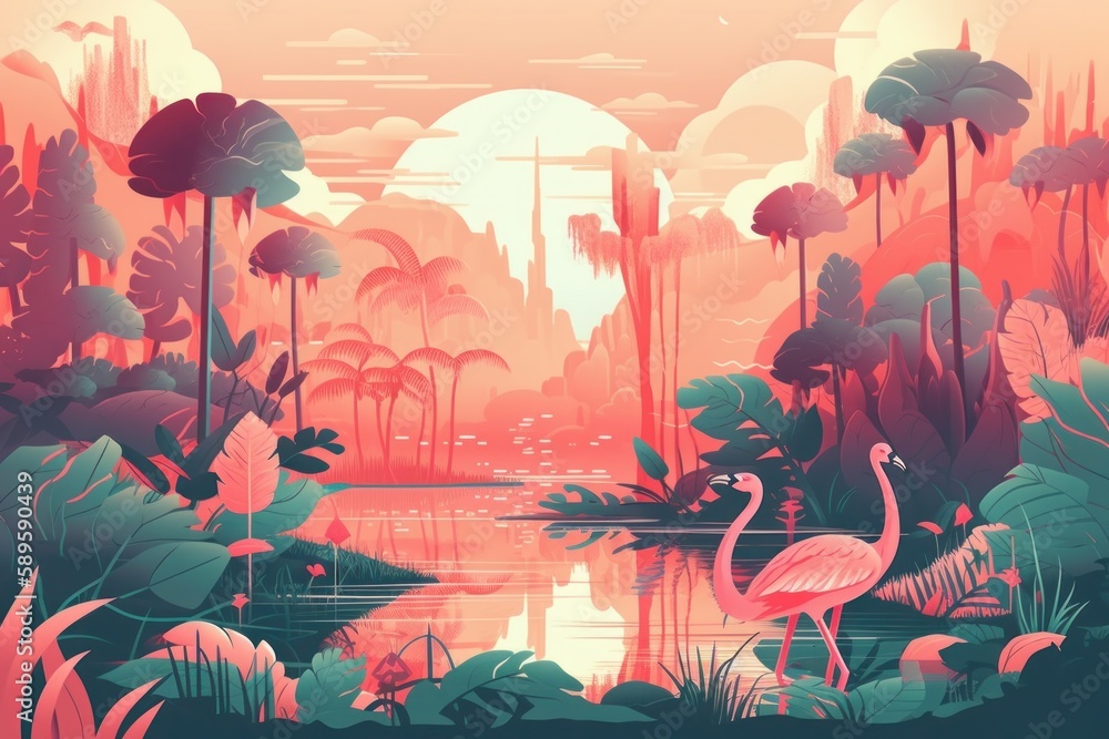 Flamingo in the jungle. Vector illustration of a tropical landscape, Generative Ai Flamingo in the jungle. Vector illustration of a tropical landscape, Generative Ai