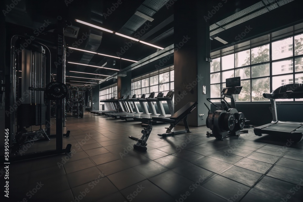 Interior of a fitness hall with sports equipment. Toned, generative Ai Interior of a fitness hall with sports equipment. Toned, generative Ai