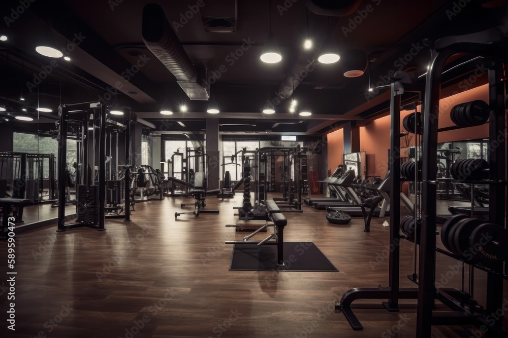 Interior of a fitness hall with equipment and space for your text, generative Ai