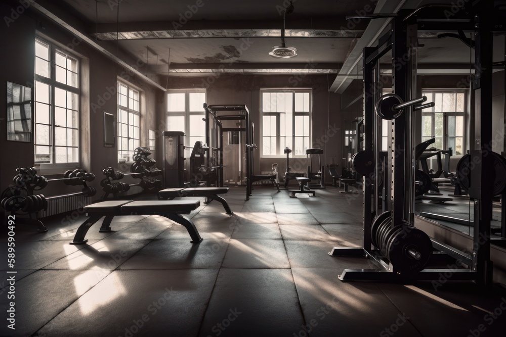 Interior of a fitness hall with gym equipment. Toned image, Generative Ai