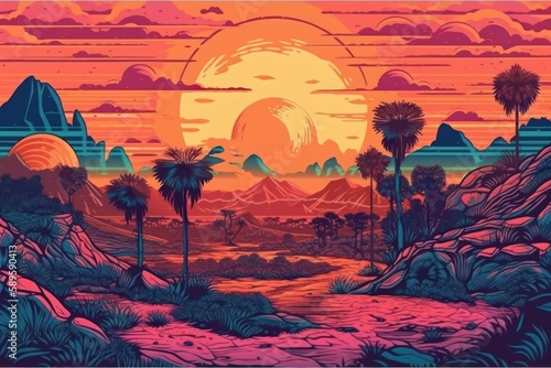 Sunset in the desert with palm trees and rocks  Generative Ai