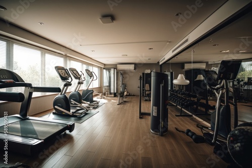 Interior of a modern fitness hall with exercise machines. Horizontal, Generative Ai