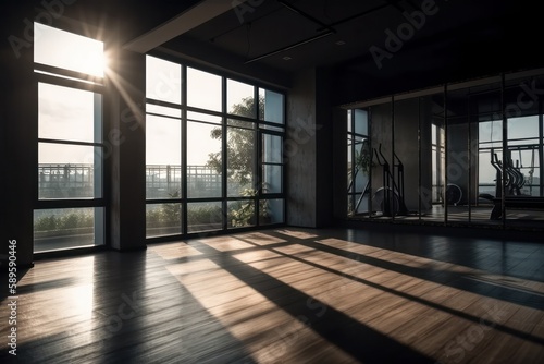 Interior of a modern fitness hall with sunlight shining through the window, generative Ai © Angus.YW