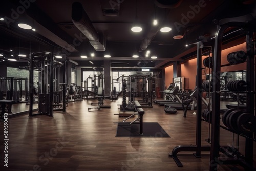 Interior of a fitness hall with equipment and space for your text  generative Ai