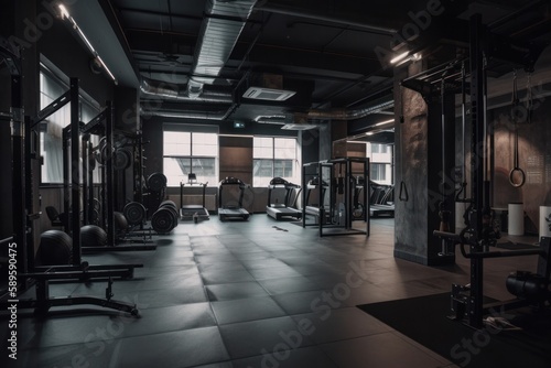 Interior of a fitness hall with CrossFit equipment. Nobody inside  generative Ai
