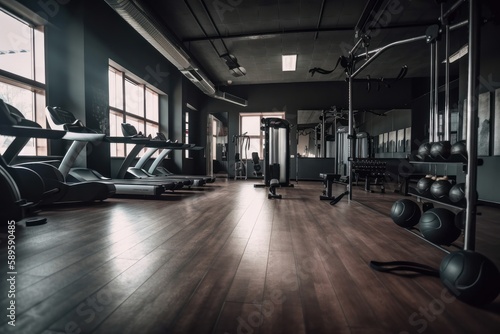 Interior of a fitness gym room with sports equipment. Toned image, generative Ai