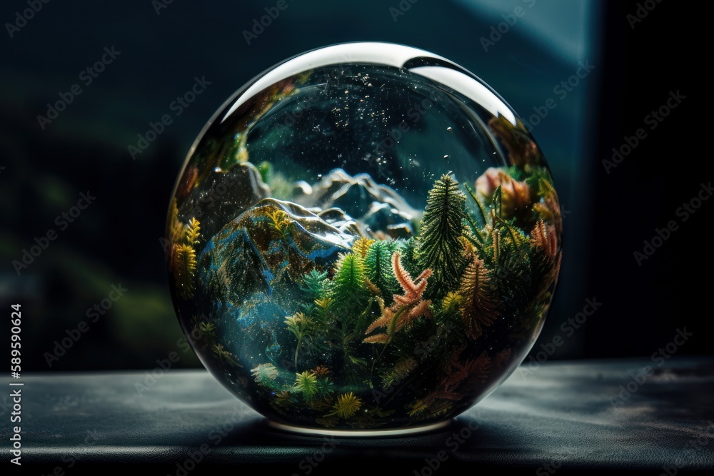Glass globe with ferns in the water. Close up, Generative Ai Glass globe with ferns in the water. Close up, Generative Ai