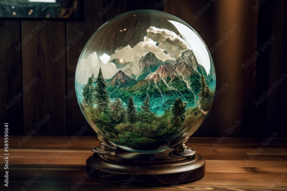 Crystal ball with mountains and forest on a wooden table in a room, Generative Ai Crystal ball with mountains and forest on a wooden table in a room, Generative Ai