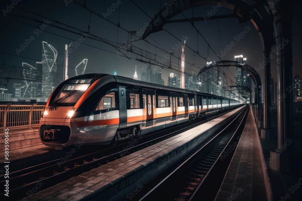 Naklejka premium Modern high-speed train in the city at night. 3d rendering, Generative Ai