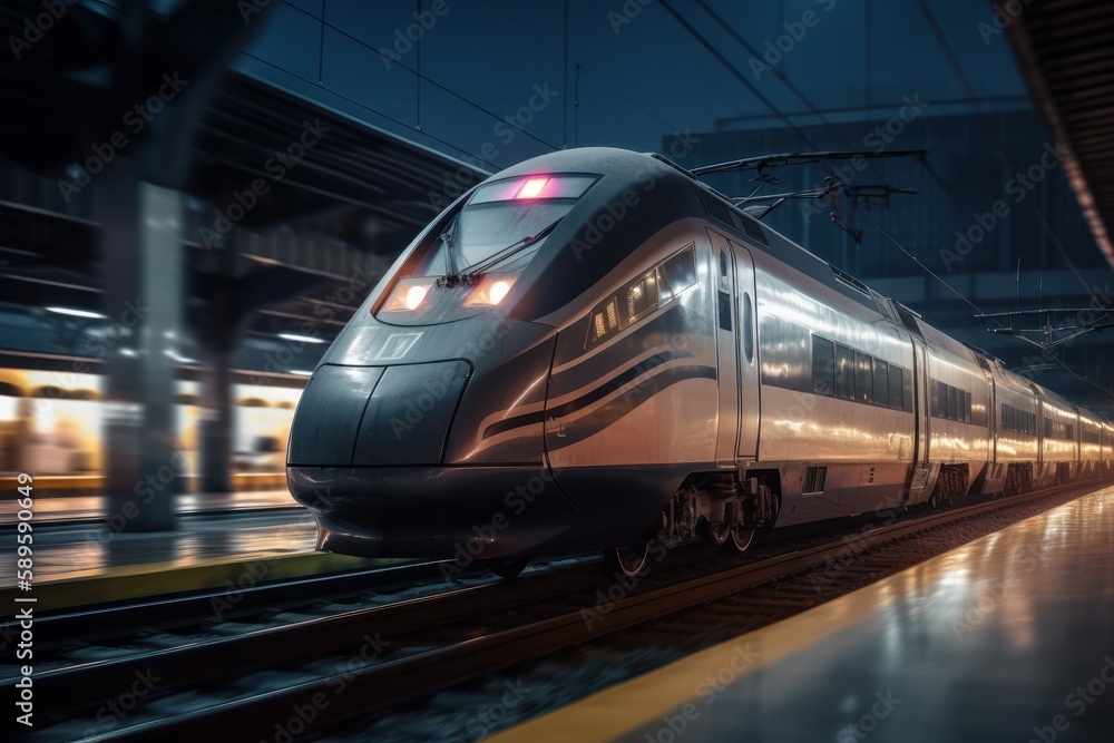 Fototapeta premium Modern high-speed train in the city at night. 3d rendering, generative Ai