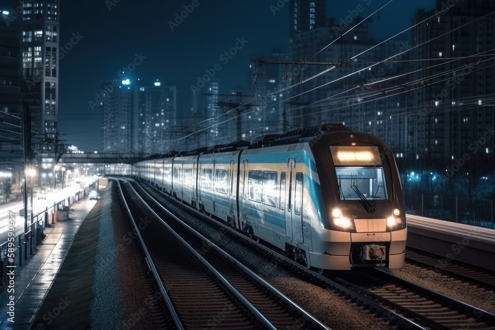 Fototapeta premium High speed train in the city at night with motion blur background, generative Ai