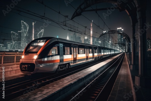 Modern high-speed train in the city at night. 3d rendering, Generative Ai